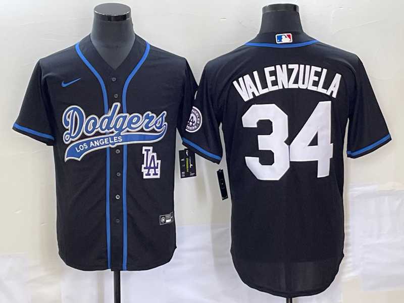 Men%27s Los Angeles Dodgers #34 Fernando Valenzuela Black With Patch Cool Base Stitched Jersey